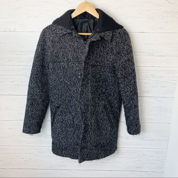 ASOS Wool Blend Zip Front Marled Charcoal Coat Removable Hood 2XS - Picture 1 of 10